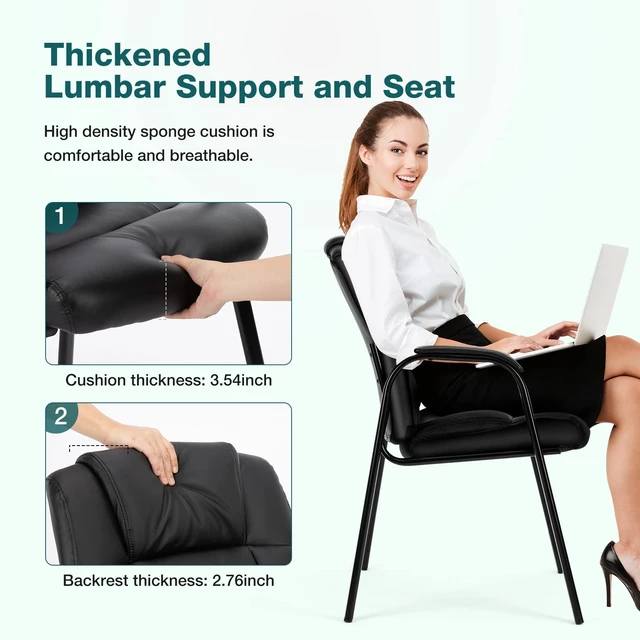 Alt view image 3 of 7 - Office Waiting Room Chairs Set of 2, Stationary Side Guest Chair | PU Leather, Comfy Padded Arms, Fit Home Conference Meeting Lobby Area, Medical Clinic Church