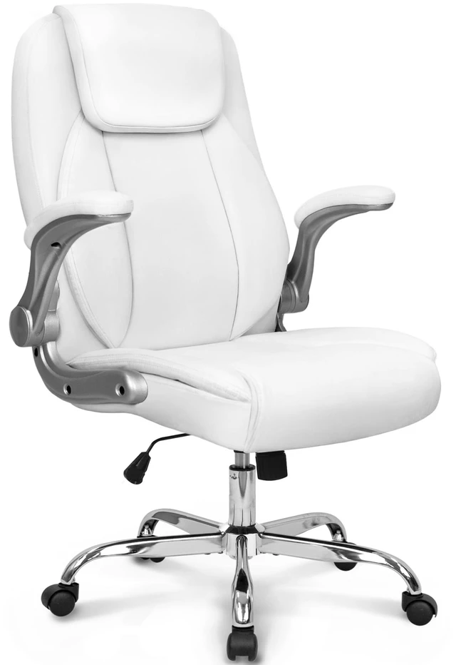 Main image of Office Desk Chair, High Back PU Leather with Flip-up Arms, White | Ergonomic Tall Computer Desk Chair Comfy, Height Adjustable, Swivel Rolling Wheels for Office Home Gaming Study