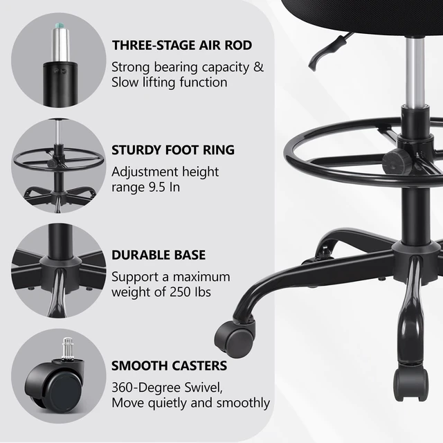 Alt view image 2 of 7 - Tall Drafting Desk Chair - Armless, Adjustable Height, Mesh Back, Rolling, Standing Desk Chair for Art Room, Office or Home (Black)