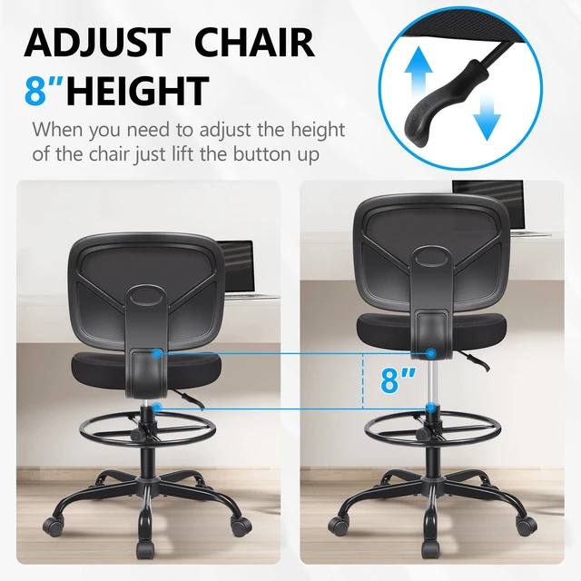 Alt view image 4 of 7 - Tall Drafting Desk Chair - Armless, Adjustable Height, Mesh Back, Rolling, Standing Desk Chair for Art Room, Office or Home (Black)