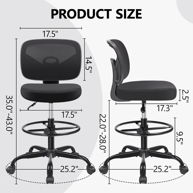 Alt view image 6 of 7 - Tall Drafting Desk Chair - Armless, Adjustable Height, Mesh Back, Rolling, Standing Desk Chair for Art Room, Office or Home (Black)