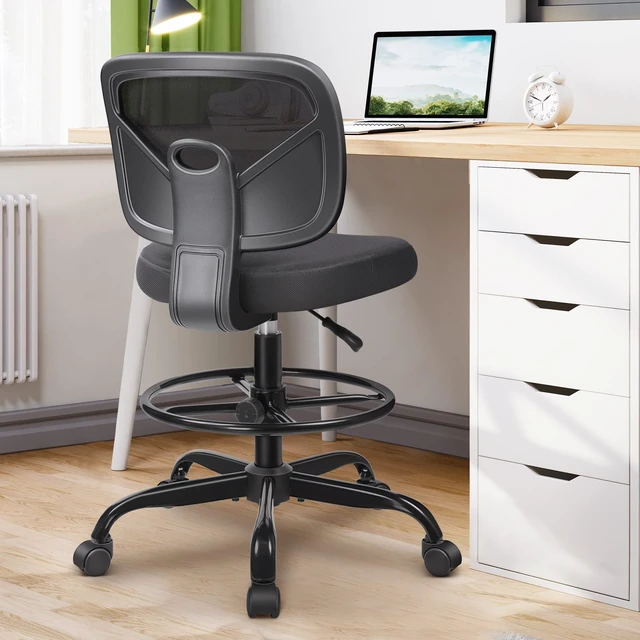 Alt view image 7 of 7 - Tall Drafting Desk Chair - Armless, Adjustable Height, Mesh Back, Rolling, Standing Desk Chair for Art Room, Office or Home (Black)