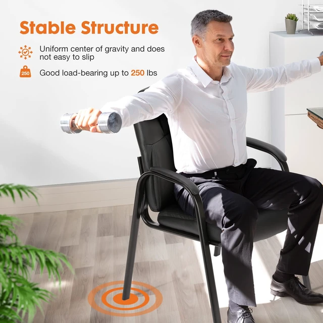 Alt view image 4 of 7 - Waiting Room Chairs Set of 2, Executive Office Guest Chairs | PU Leather, Padded Arms, Big and Tall, No Wheels Stationary, Reception Conference Lobby Area Meeting Medical Clinic Room