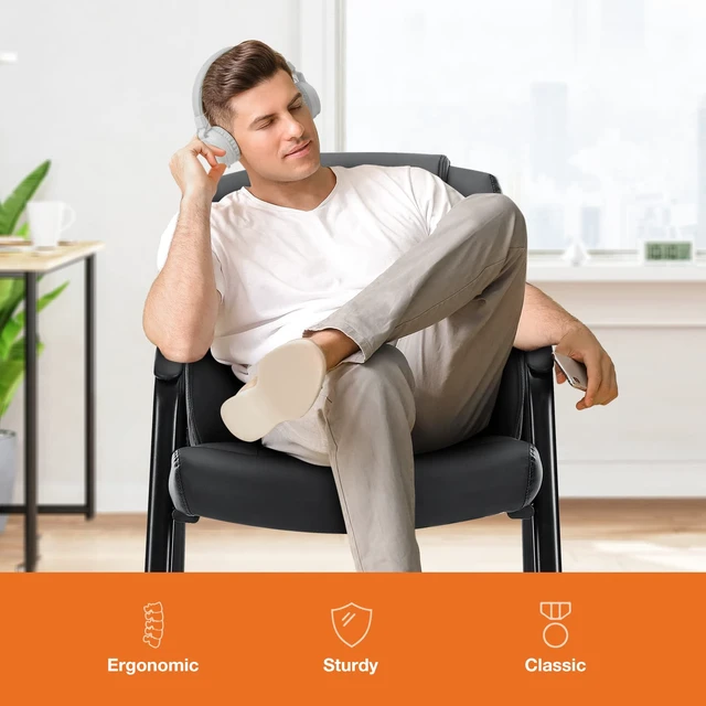 Alt view image 2 of 7 - Waiting Room Chairs Set of 2, Executive Office Guest Chairs | PU Leather, Padded Arms, Big and Tall, No Wheels Stationary, Reception Conference Lobby Area Meeting Medical Clinic Room