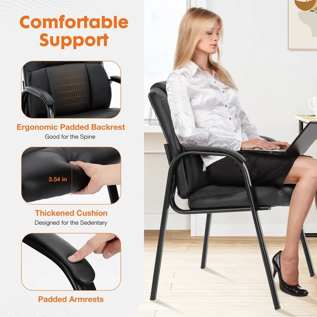 Alt view image 3 of 7 - Waiting Room Chairs Set of 2, Executive Office Guest Chairs | PU Leather, Padded Arms, Big and Tall, No Wheels Stationary, Reception Conference Lobby Area Meeting Medical Clinic Room