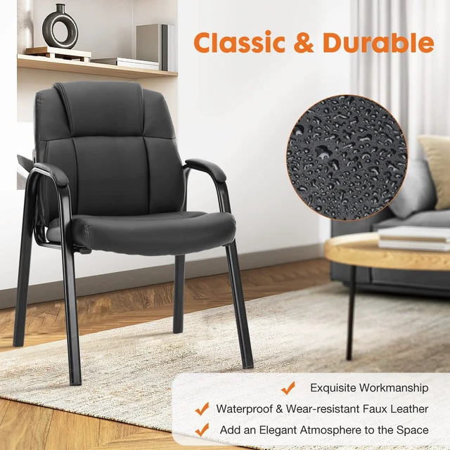 Alt view image 5 of 7 - Waiting Room Chairs Set of 2, Executive Office Guest Chairs | PU Leather, Padded Arms, Big and Tall, No Wheels Stationary, Reception Conference Lobby Area Meeting Medical Clinic Room
