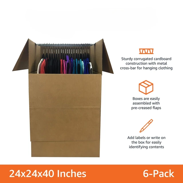 Alt view image 2 of 5 - Strong Cardboard Wardrobe Moving Boxes with Hanging Bar, Handles for Packing Clothes, 24" x 24" x 40", Brown, 6-Pack