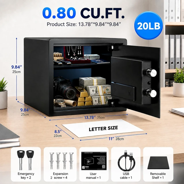 Alt view image 7 of 7 - 20LB Biometric Safe with Fingerprint Lock, 3-8 Digit PIN | 0.80 cu.ft. Safe with Silent Mode & LED & Backlit Keypad , 6.7M Combinations, Metal Knob, Removable Shelf & Easy Installation