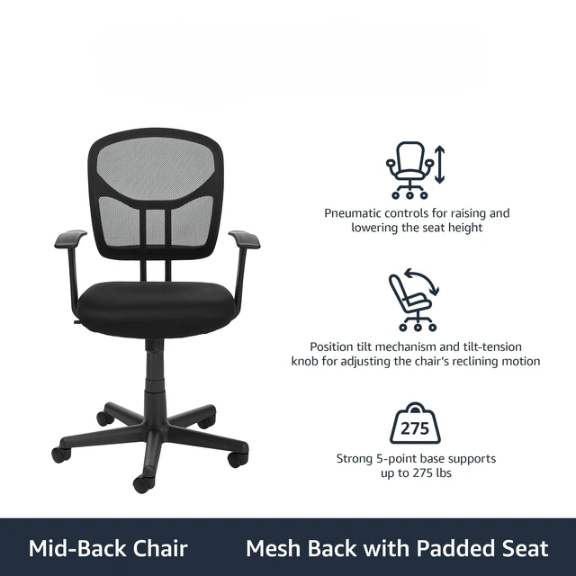 Alt view image 2 of 4 - Breathable Mesh Mid-Back Office Desk Chair with Armrests, Lumbar Support, 360-Degree Swivel, Adjustable-Height, Black