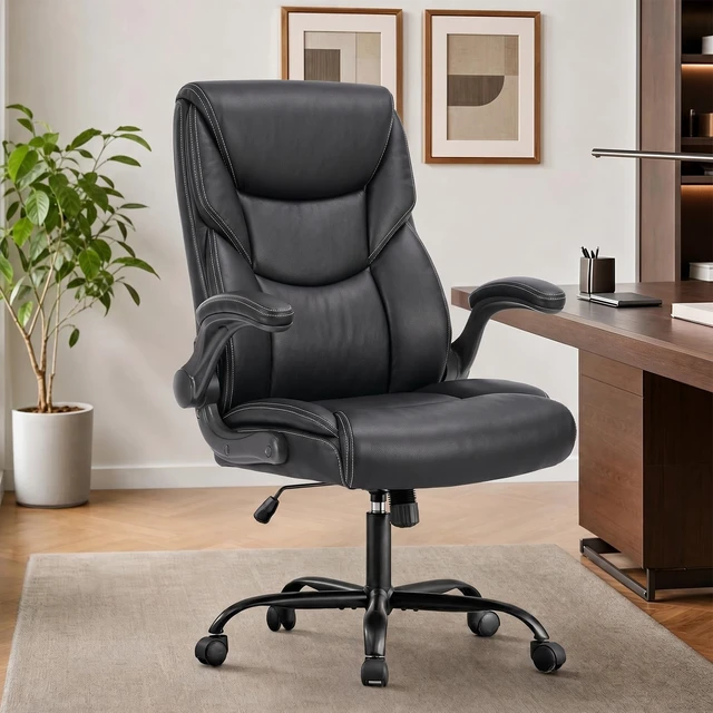 Alt view image 9 of 13 - Ergonomic High Back Faux Leather Office Chair with Flip-Up Armrests, 360° Swivel Wheels, Tilt Function and Adjustable Height for Home & Office Use