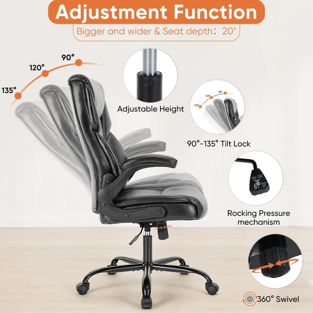 Alt view image 11 of 13 - Ergonomic High Back Faux Leather Office Chair with Flip-Up Armrests, 360° Swivel Wheels, Tilt Function and Adjustable Height for Home & Office Use