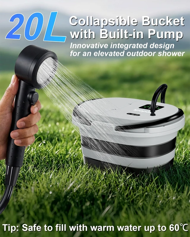 Alt view image 2 of 7 - Portable Integrated Camping Shower Kit with 20L Foldable Bucket,13000mAh | Rechargeable Electric Shower Pump,IPX8 Waterproof, Strong Water Flow with Fruit Washing Mode for Camping,Beach,Pet Bath,Car