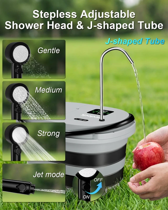 Alt view image 3 of 7 - Portable Integrated Camping Shower Kit with 20L Foldable Bucket,13000mAh | Rechargeable Electric Shower Pump,IPX8 Waterproof, Strong Water Flow with Fruit Washing Mode for Camping,Beach,Pet Bath,Car