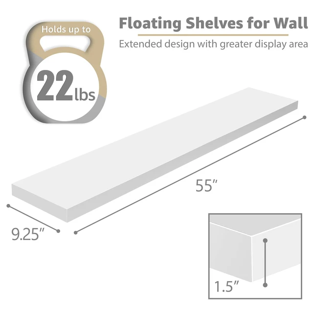 Alt view image 2 of 7 - Floating Shelves for Wall Storage (55 Inch, 2 Pack, White) | Clean display for home accents, books and collectibles; hidden brackets suit bathrooms, bedrooms and kitchens.