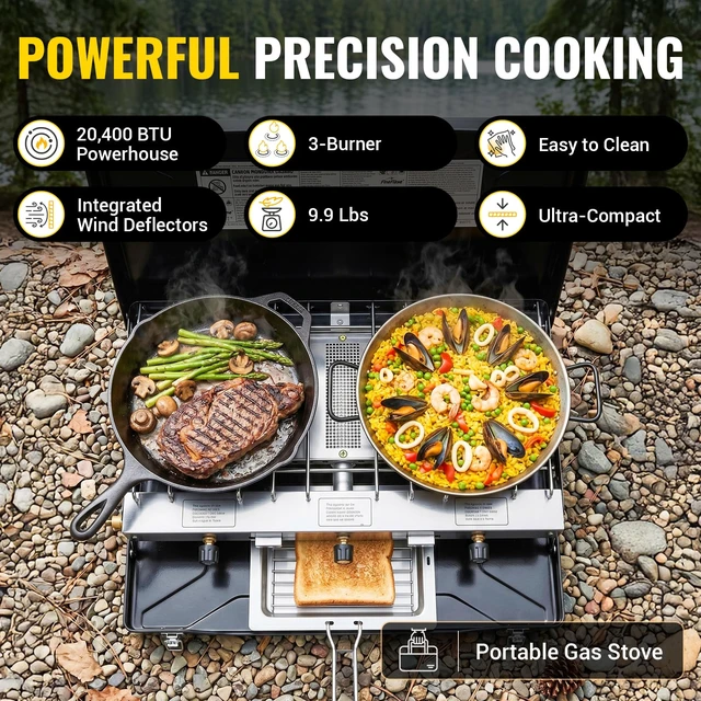Alt view image 2 of 7 - Camping Stove, Propane Portable Camp Stove, 20400BTU-3 Burners | With Toaster & Regulator, Push-Button Instant Ignition, Adjustable Burners, Wind Guards, For Car BBQ Outdoor Camping Cooking