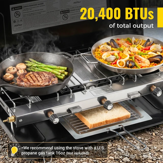 Alt view image 3 of 7 - Camping Stove, Propane Portable Camp Stove, 20400BTU-3 Burners | With Toaster & Regulator, Push-Button Instant Ignition, Adjustable Burners, Wind Guards, For Car BBQ Outdoor Camping Cooking