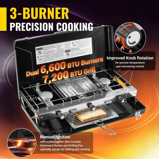 Alt view image 4 of 7 - Camping Stove, Propane Portable Camp Stove, 20400BTU-3 Burners | With Toaster & Regulator, Push-Button Instant Ignition, Adjustable Burners, Wind Guards, For Car BBQ Outdoor Camping Cooking
