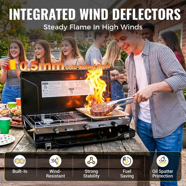 Alt view image 5 of 7 - Camping Stove, Propane Portable Camp Stove, 20400BTU-3 Burners | With Toaster & Regulator, Push-Button Instant Ignition, Adjustable Burners, Wind Guards, For Car BBQ Outdoor Camping Cooking