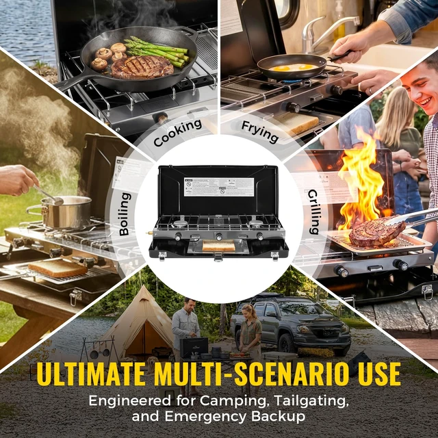 Alt view image 6 of 7 - Camping Stove, Propane Portable Camp Stove, 20400BTU-3 Burners | With Toaster & Regulator, Push-Button Instant Ignition, Adjustable Burners, Wind Guards, For Car BBQ Outdoor Camping Cooking