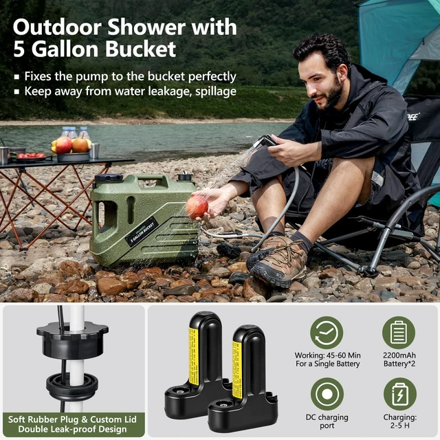 Alt view image 3 of 7 - Portable Camping Shower with 5-Gallon Water Jug, 2 Batteries | Electric Camping Shower, Intergrated Leak-Proof Design, Food-Grade Water Tank, Camp Pump for Outdoor, Beach, Hiking, Pet Wash
