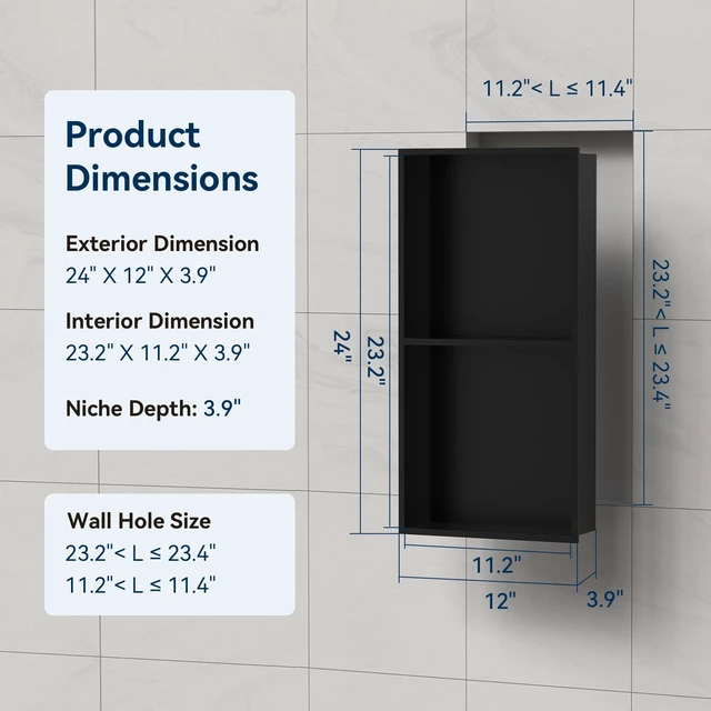 Alt view image 2 of 7 - Shower Niche 24" X 12" Black, Stainless Steel Wall Niche | Double Shelves,No Tile Needed,Over Mount Installation,Recessed Shower Shelf for Bathroom Storage