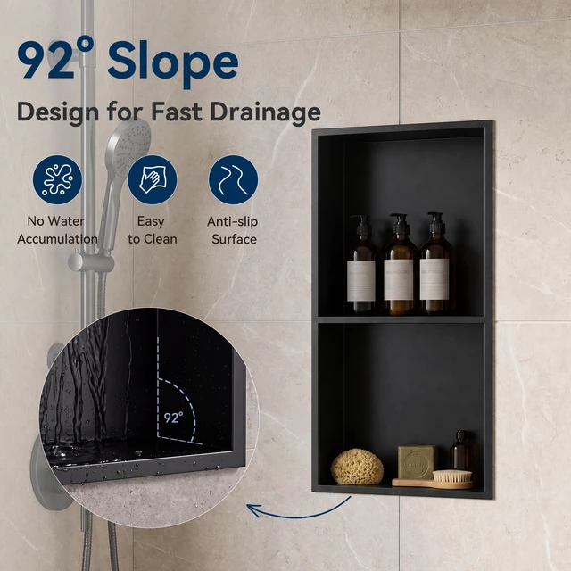 Alt view image 3 of 7 - Shower Niche 24" X 12" Black, Stainless Steel Wall Niche | Double Shelves,No Tile Needed,Over Mount Installation,Recessed Shower Shelf for Bathroom Storage