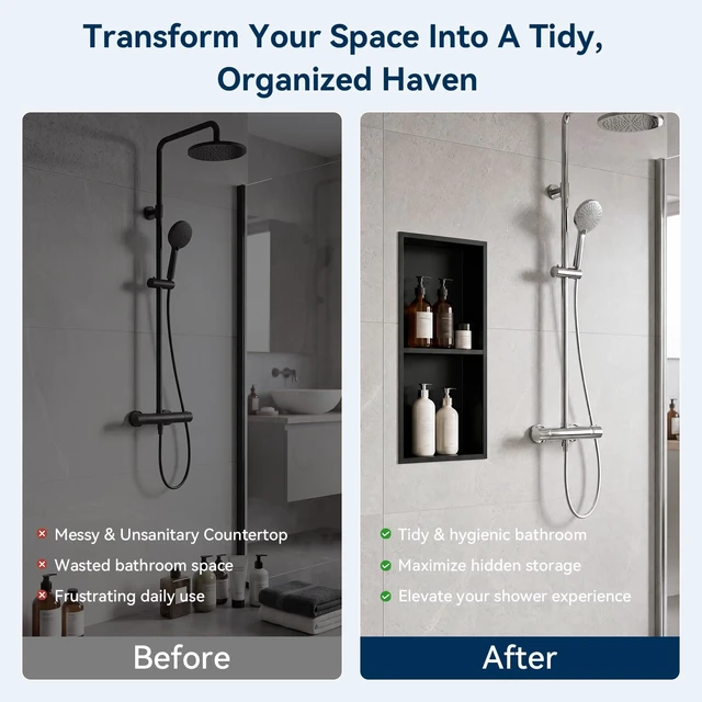 Alt view image 5 of 7 - Shower Niche 24" X 12" Black, Stainless Steel Wall Niche | Double Shelves,No Tile Needed,Over Mount Installation,Recessed Shower Shelf for Bathroom Storage