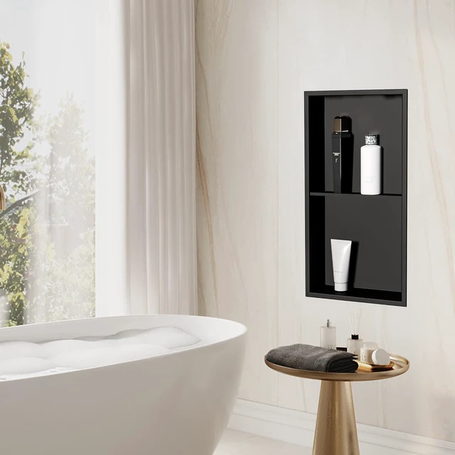 Alt view image 7 of 7 - Shower Niche 24" X 12" Black, Stainless Steel Wall Niche | Double Shelves,No Tile Needed,Over Mount Installation,Recessed Shower Shelf for Bathroom Storage
