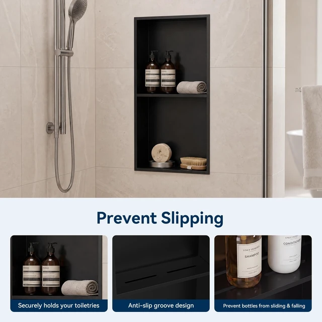 Alt view image 6 of 7 - Shower Niche 24" X 12" Black, Stainless Steel Wall Niche | Double Shelves,No Tile Needed,Over Mount Installation,Recessed Shower Shelf for Bathroom Storage