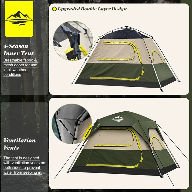 Alt view image 7 of 7 - 4 Person Instant Camping Tent - Waterproof Pop Up Tents for Camping with Rainfly, Large Family Tent with Pre-Attached Poles, 60S Easy Setup, Upgraded Ventilation with Welcome Mat