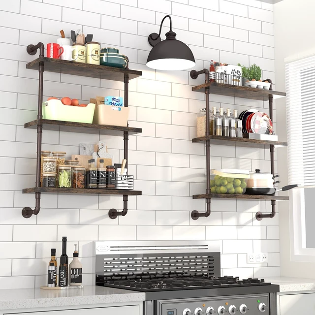 Alt view image 3 of 7 - Industrial Pipe Shelf Wall Mounted, Rustic Wood Floating Shelves, 3 Tier Wall Display Bookshelf, Storage Rack Sundries Holder for Kitchen Office Bathroom Organization and Home Decor (24inch x 2)