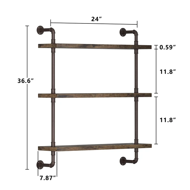 Alt view image 6 of 7 - Industrial Pipe Shelf Wall Mounted, Rustic Wood Floating Shelves, 3 Tier Wall Display Bookshelf, Storage Rack Sundries Holder for Kitchen Office Bathroom Organization and Home Decor (24inch x 2)