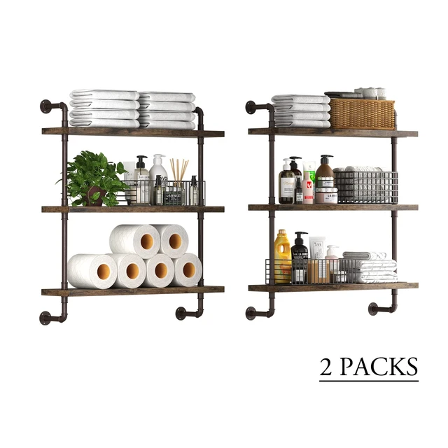 Alt view image 5 of 7 - Industrial Pipe Shelf Wall Mounted, Rustic Wood Floating Shelves, 3 Tier Wall Display Bookshelf, Storage Rack Sundries Holder for Kitchen Office Bathroom Organization and Home Decor (24inch x 2)