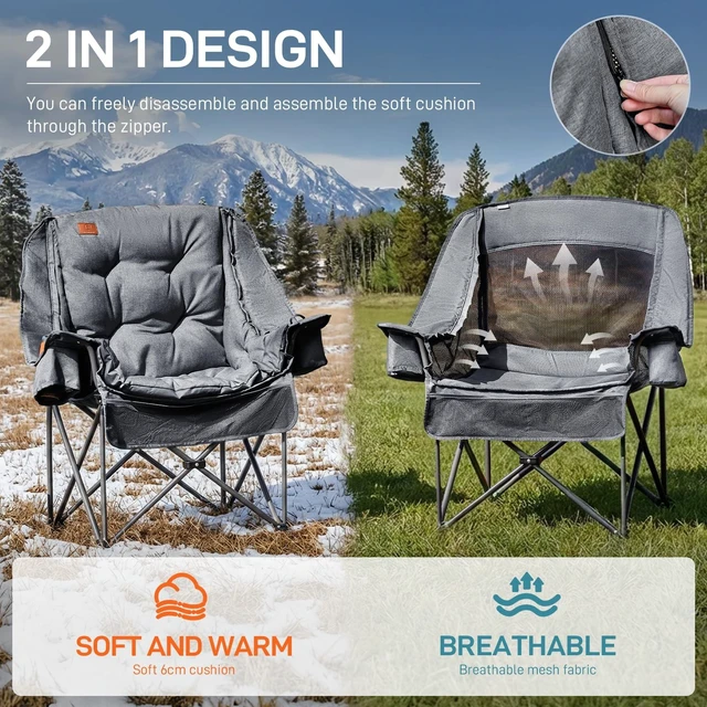 Alt view image 2 of 7 - XL Camping Chair with Detachable Cushion Supports 400LBS Grey | Mesh Chair for Adults Foldable, Oversized Heavy Duty Folding Chair with Cooler Mesh Pocket Cupholder Outdoor Fishing