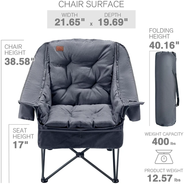 Alt view image 3 of 7 - XL Camping Chair with Detachable Cushion Supports 400LBS Grey | Mesh Chair for Adults Foldable, Oversized Heavy Duty Folding Chair with Cooler Mesh Pocket Cupholder Outdoor Fishing