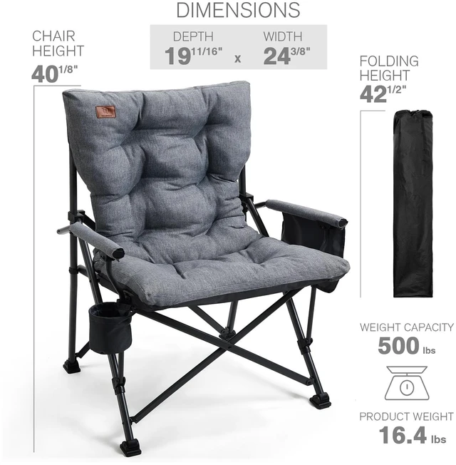 Alt view image 7 of 7 - Padded Oversized Folding Camping Chair for Adults, Heavy Duty Lawn Chair with Side Pockets, Portable Collapsible Quad Chair for Outside, Support Up to 500lbs, Grey
