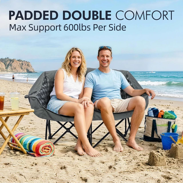 Alt view image 2 of 6 - Double Camping Chair Loveseat -2 Person Oversized Padded Outdoor Camp Couch | Heavy Duty Foldable Outside Sports Lawn Beach Portable Large Chairs with Cup Holders and Carry Bag Support 600lbs,Grey