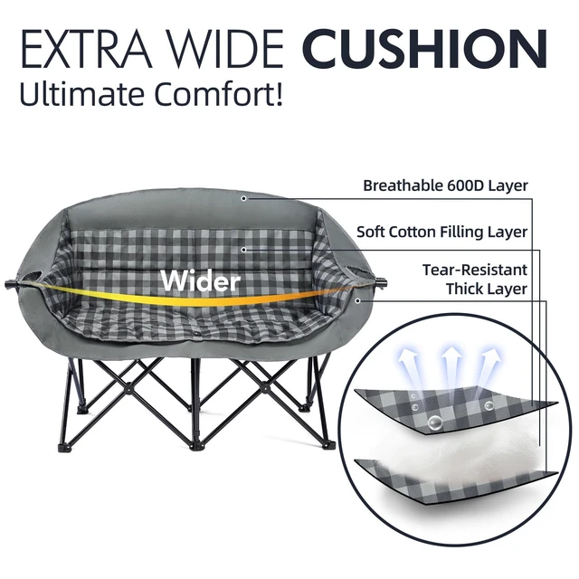 Alt view image 3 of 6 - Double Camping Chair Loveseat -2 Person Oversized Padded Outdoor Camp Couch | Heavy Duty Foldable Outside Sports Lawn Beach Portable Large Chairs with Cup Holders and Carry Bag Support 600lbs,Grey