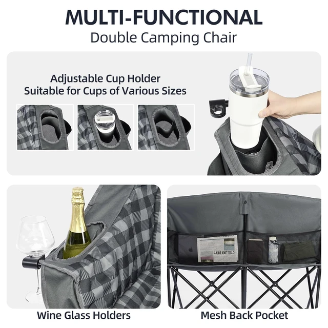 Alt view image 4 of 6 - Double Camping Chair Loveseat -2 Person Oversized Padded Outdoor Camp Couch | Heavy Duty Foldable Outside Sports Lawn Beach Portable Large Chairs with Cup Holders and Carry Bag Support 600lbs,Grey