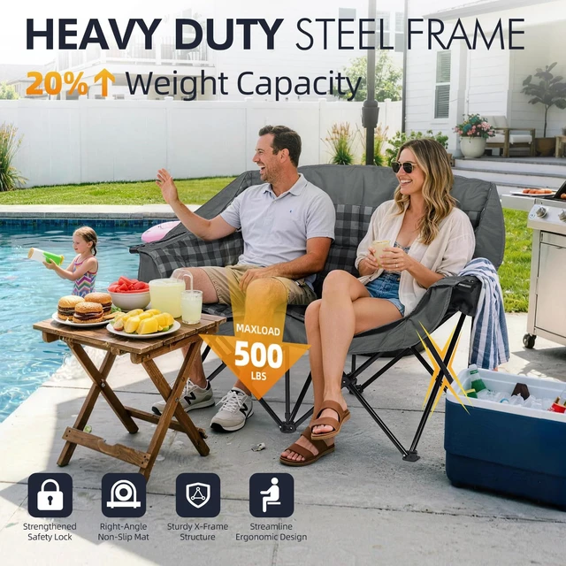 Alt view image 5 of 6 - Double Camping Chair Loveseat -2 Person Oversized Padded Outdoor Camp Couch | Heavy Duty Foldable Outside Sports Lawn Beach Portable Large Chairs with Cup Holders and Carry Bag Support 600lbs,Grey