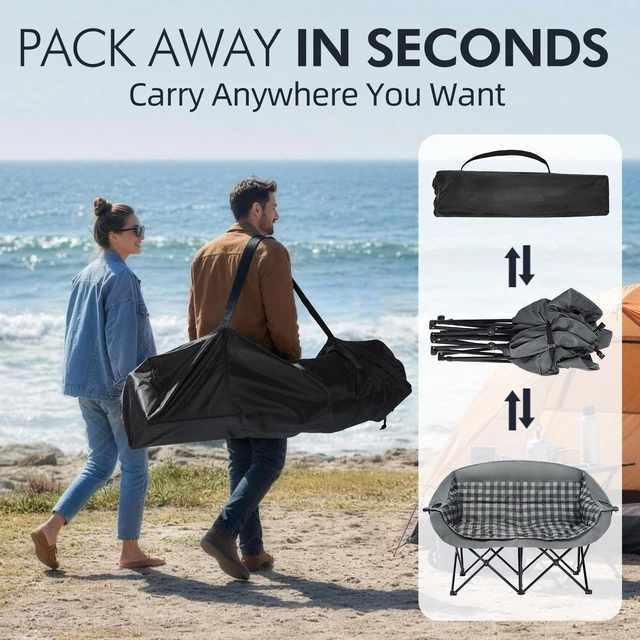Alt view image 6 of 6 - Double Camping Chair Loveseat -2 Person Oversized Padded Outdoor Camp Couch | Heavy Duty Foldable Outside Sports Lawn Beach Portable Large Chairs with Cup Holders and Carry Bag Support 600lbs,Grey