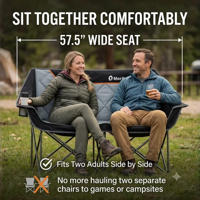 Alt view image 2 of 7 - Oversized Fully Padded Camping Chair, Heavy Duty 650LB Folding Camping Loveseat, Quad Fold Double Camping Couch with Cup Holders & Carry Bag for Outdoor, Lawn, Sports Events Black