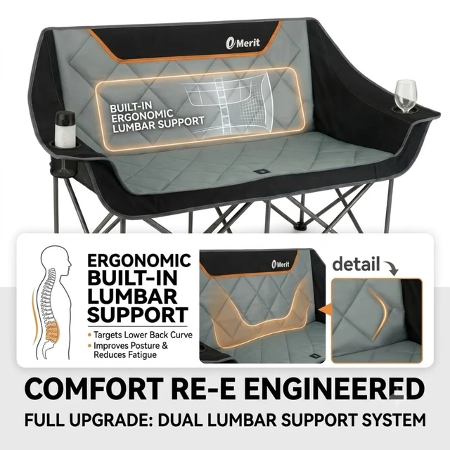 Alt view image 5 of 7 - Oversized Fully Padded Camping Chair, Heavy Duty 650LB Folding Camping Loveseat, Quad Fold Double Camping Couch with Cup Holders & Carry Bag for Outdoor, Lawn, Sports Events Black