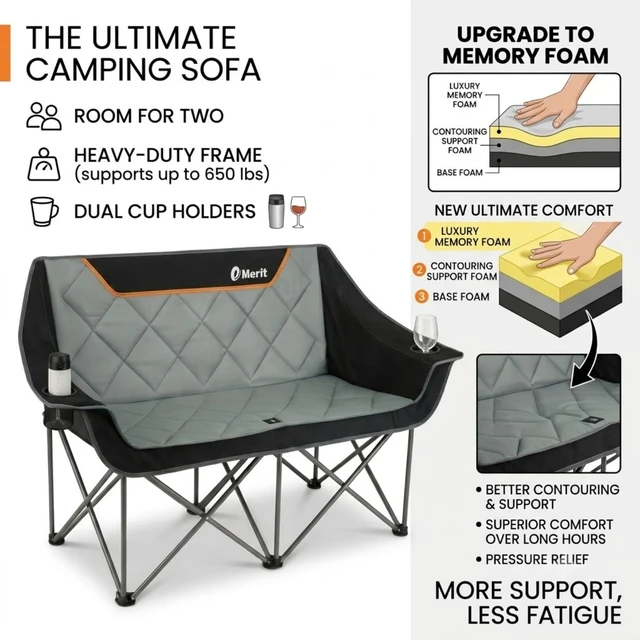 Alt view image 6 of 7 - Oversized Fully Padded Camping Chair, Heavy Duty 650LB Folding Camping Loveseat, Quad Fold Double Camping Couch with Cup Holders & Carry Bag for Outdoor, Lawn, Sports Events Black