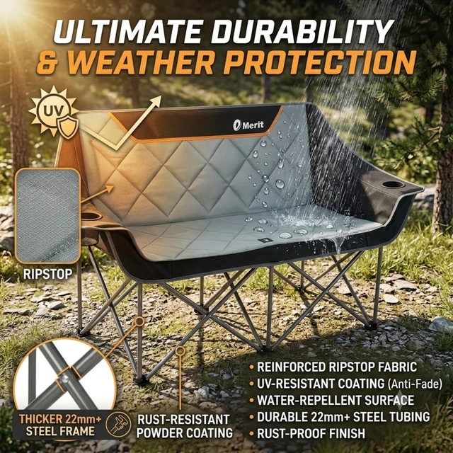 Alt view image 4 of 7 - Oversized Fully Padded Camping Chair, Heavy Duty 650LB Folding Camping Loveseat, Quad Fold Double Camping Couch with Cup Holders & Carry Bag for Outdoor, Lawn, Sports Events Black