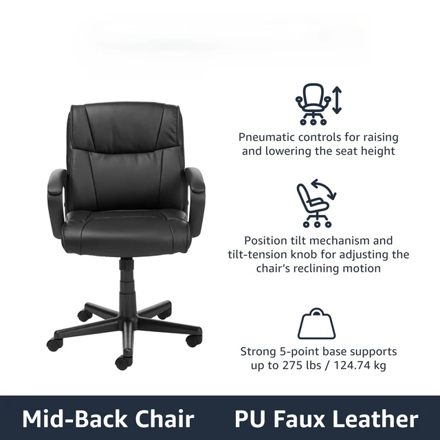 Alt view image 2 of 4 - Office Task Chair with Adjustable Height, 360° Swivel, Padded Armrests, Mid-Back, Rolling, 275 Pound Capacity, 24.2"D x 24"W x 34.8"H, Black Faux Leather