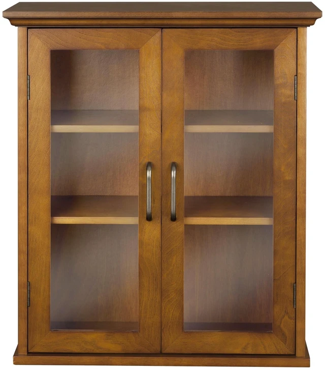Main image of Avery Wooden Over The Toilet Bathroom Removable Wall Medicine Cabinet with 2 Adjustable Shelves 3 Storage Spaces 2 Glass-Paneled Doors and Antique Brass Knobs, Oiled Oak