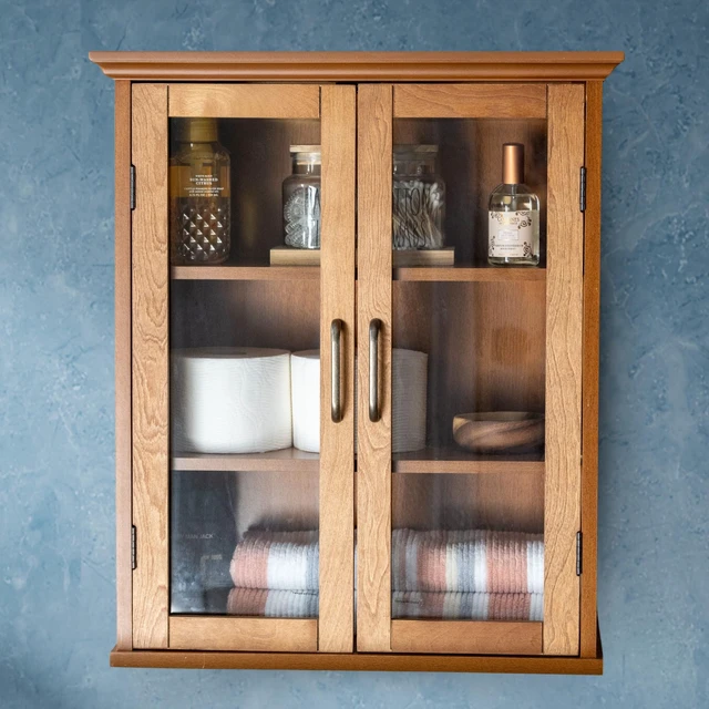Alt view image 2 of 7 - Avery Wooden Over The Toilet Bathroom Removable Wall Medicine Cabinet with 2 Adjustable Shelves 3 Storage Spaces 2 Glass-Paneled Doors and Antique Brass Knobs, Oiled Oak