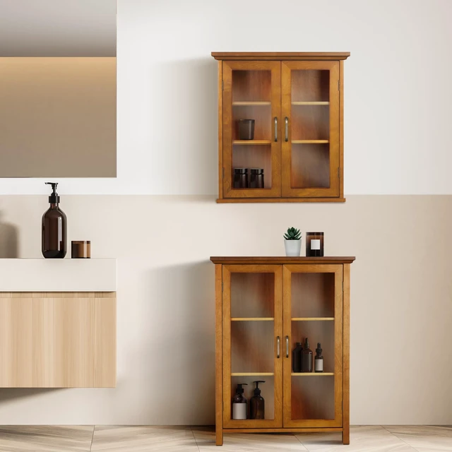 Alt view image 3 of 7 - Avery Wooden Over The Toilet Bathroom Removable Wall Medicine Cabinet with 2 Adjustable Shelves 3 Storage Spaces 2 Glass-Paneled Doors and Antique Brass Knobs, Oiled Oak