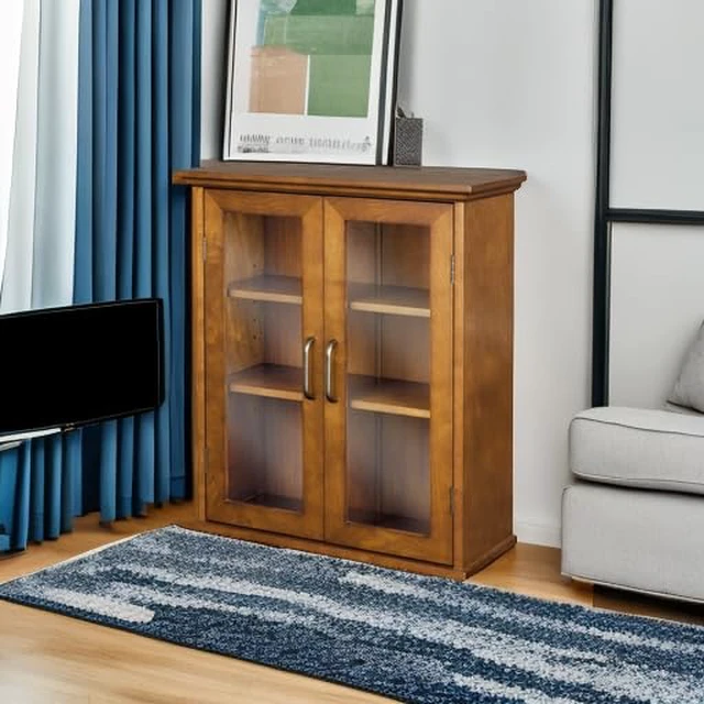 Alt view image 5 of 7 - Avery Wooden Over The Toilet Bathroom Removable Wall Medicine Cabinet with 2 Adjustable Shelves 3 Storage Spaces 2 Glass-Paneled Doors and Antique Brass Knobs, Oiled Oak